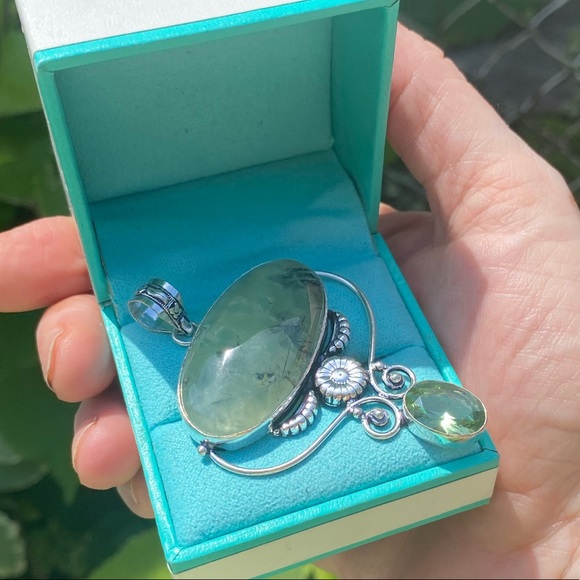 Prehinite, Green Amethyst & Sterling Silver Handcrafted Pendant 3” - Picture 4 of 6
